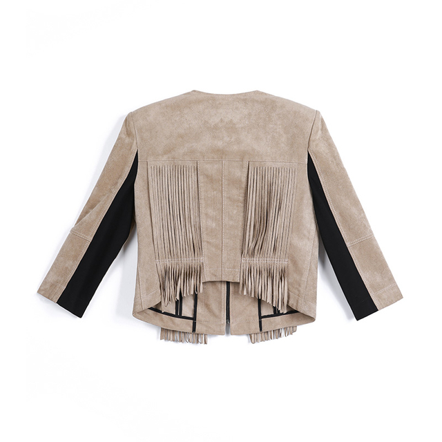E753 Women Faux suede round neck fringed short jacket