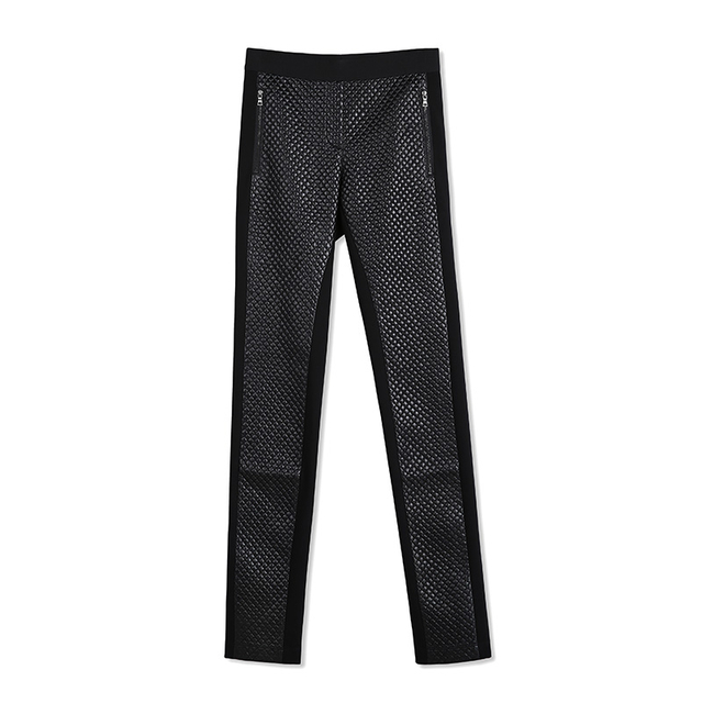 F696 Women faux leather diamond quilted Ponte combo pull on tight pants