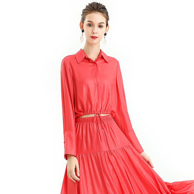 T060-7 Women Solid shirt collar long sleeves drawstring waist cropped blouse