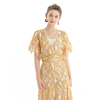 T064-4 Women 2-tone eyelet lace V neck flutter sleeve elasticated hem cropped blouse