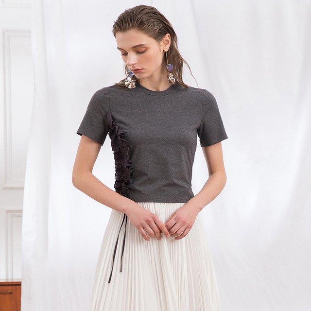 E023 Women Cotton viscose spandex crew neck short sleeves side ruching knit tops