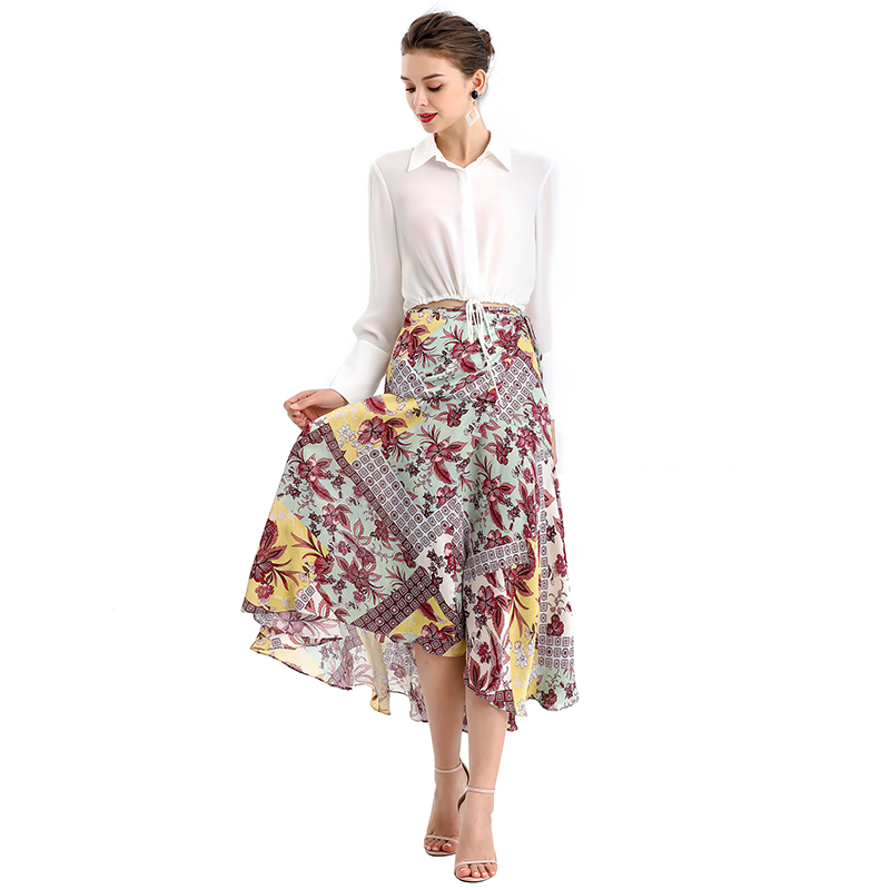 S070-2 Women Retro print wrap design panelled asymmetric casual midi skirt