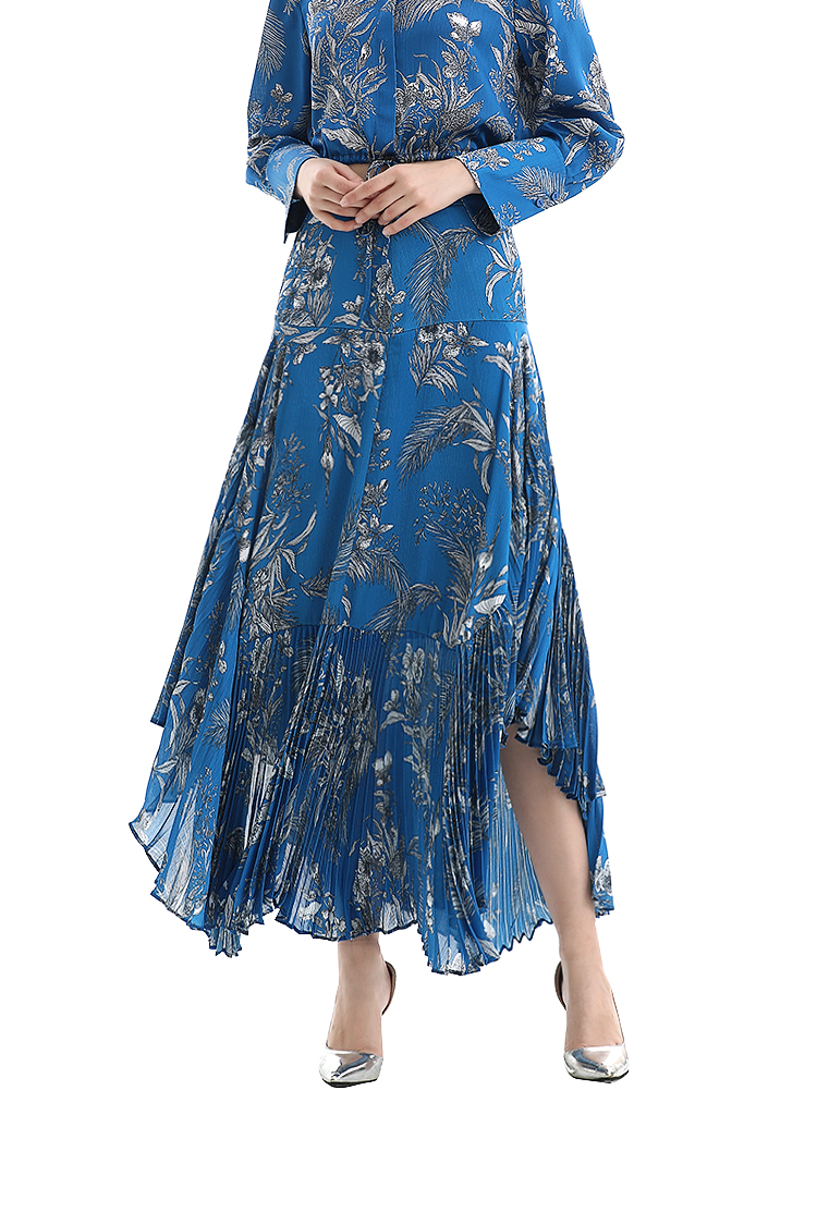 S069-1 Women Floral print panelled asymmetric pleated ruffle long flare skirt