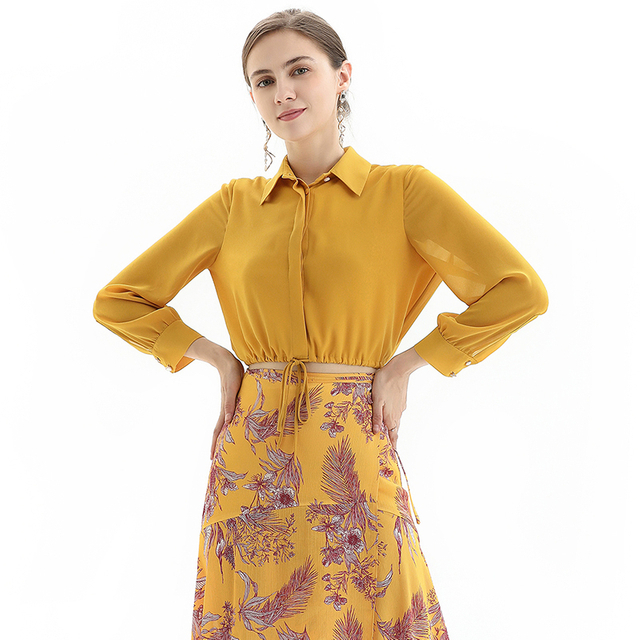 T104 Women Solid classic collar long sleeves drawstring waist cropped blouse