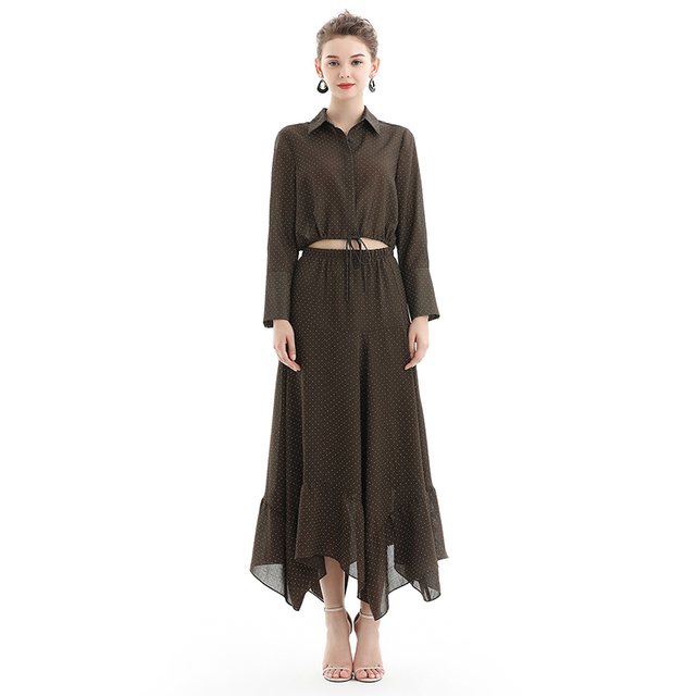 S068-1 Women Polka dot print asymmetric panelled long flare handkerchief skirt
