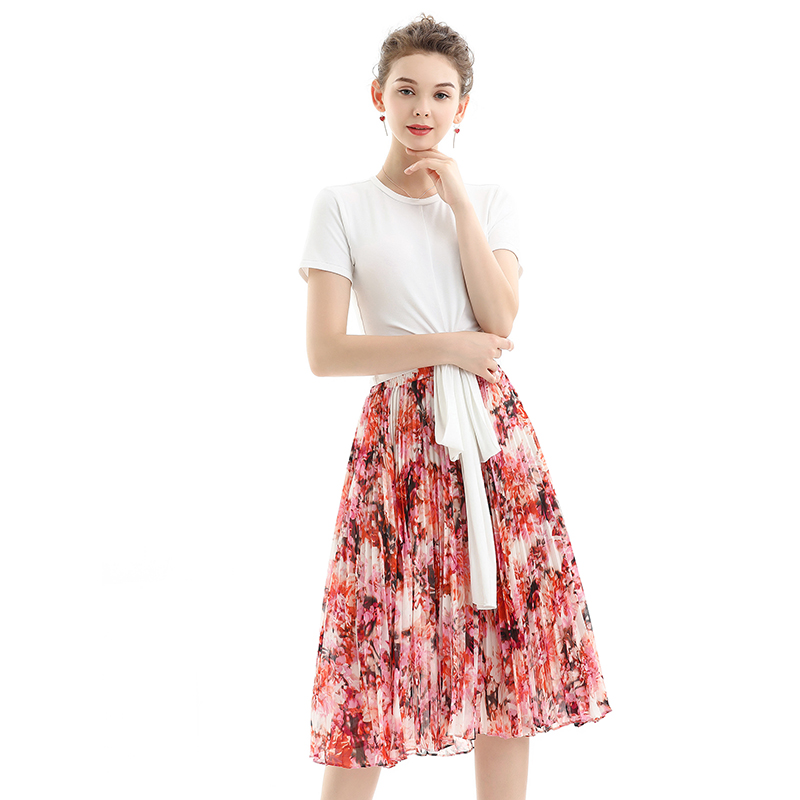 S076 Women Floral print chiffon pleated casual midi skirt
