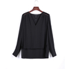 V241 Women Solid V-neck gathered shoulder sequin faggoting trimmed long sleeves blouse