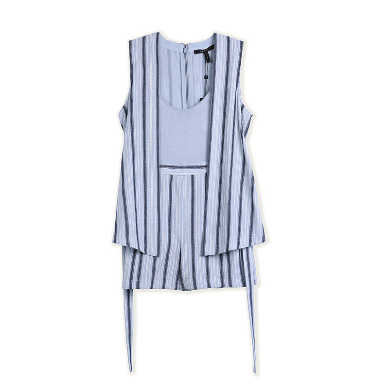 D717 Women Dobby stripe rayon knit combo 2 In 1 waist tie romper