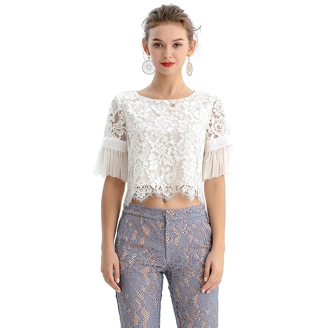 T122-3 Women Scallop floral lace Swiss-dot ruffled short sleeves blouse