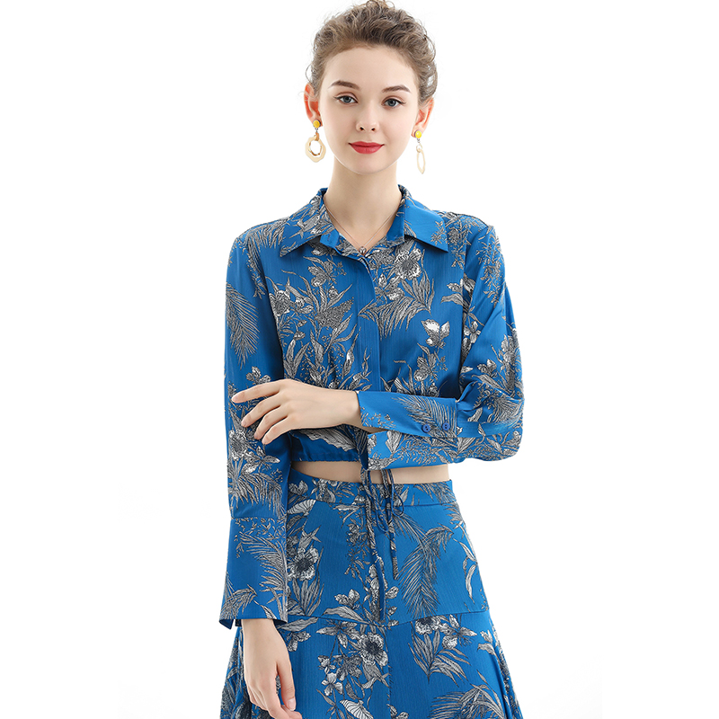 T060 Women Floral print shirt collar long sleeves drawstring waist cropped blouse