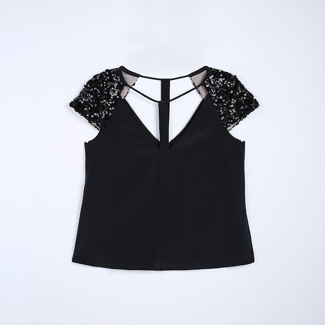 N976 Women Silk CDC V-neck cut out sequin embellished sleeve party top