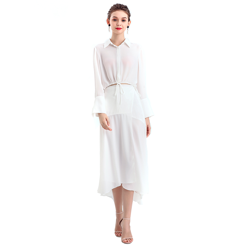 S070-4 Women White wrap design panelled asymmetric casual midi skirt 