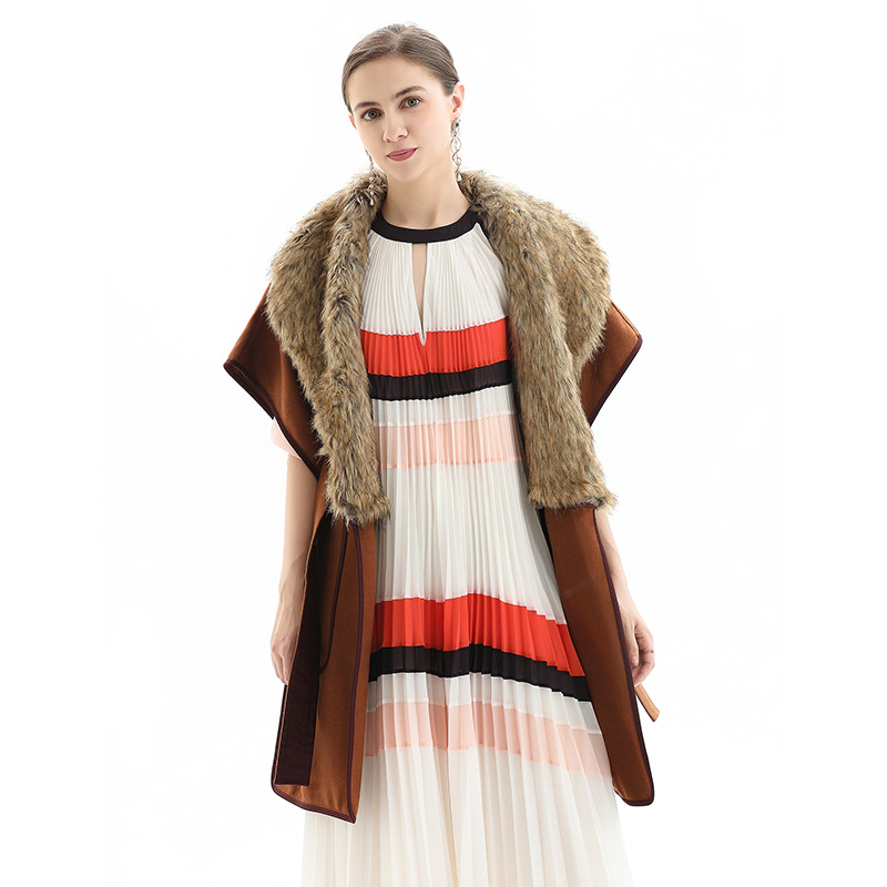 C118 Women Wool combo faux leather trim faux fur collar belted cape coat