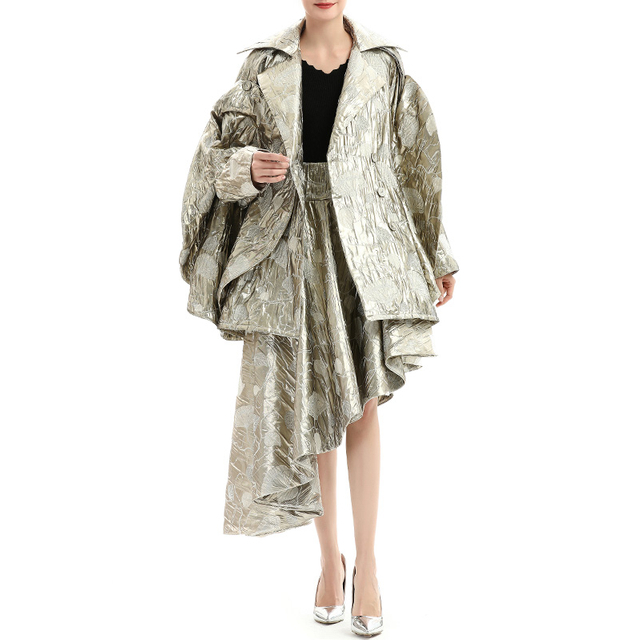 C142 Women Metallic bubble jacquard notch collar over size ruffle detailed double breasted over coat
