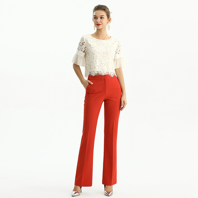 P147-5 Women Polyester crepe mid-rise straight leg tailored trousers