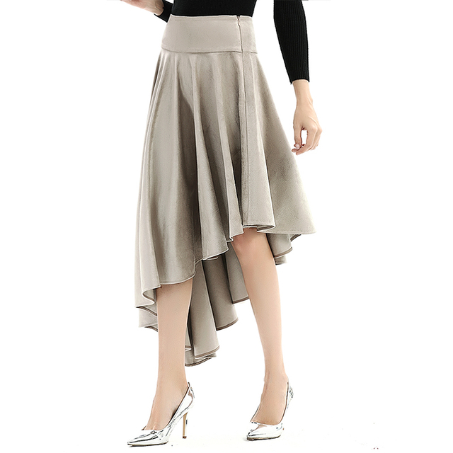 S145 Women Faux suede wide waistband full circle high low asymmetric flare skirt