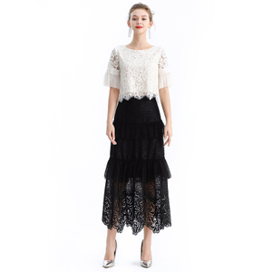 S167 Women Sequin embellished lace Swiss dot tulle tiered ruffle long evening skirt
