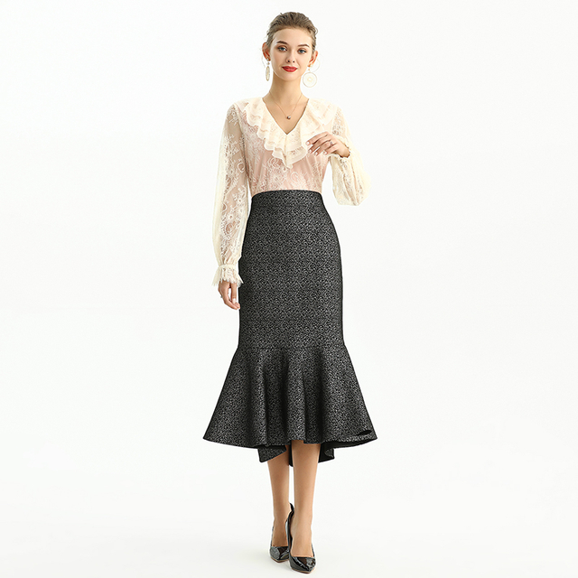 S168-2 Women Metallic jacquard trumpet ruffle hem mermaid midi skirt