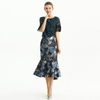 S168 Women Metallic floral jacquard trumpet ruffle hem mermaid midi skirt
