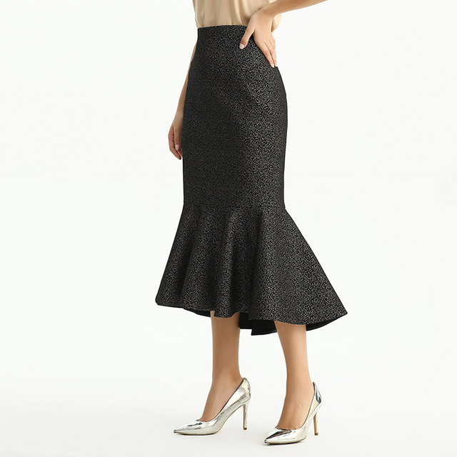 S168-2 Women Metallic jacquard trumpet ruffle hem mermaid midi skirt