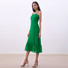 D261-1 Women Solid chiffon strappy tiered ruffle flared midi party dress