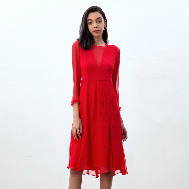 D270 Women Silk crinkle chiffon three-quarter sleeves flared midi party dress