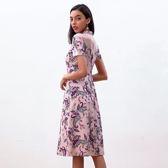 D222 Women Paisley print rolled collar A-line day dress