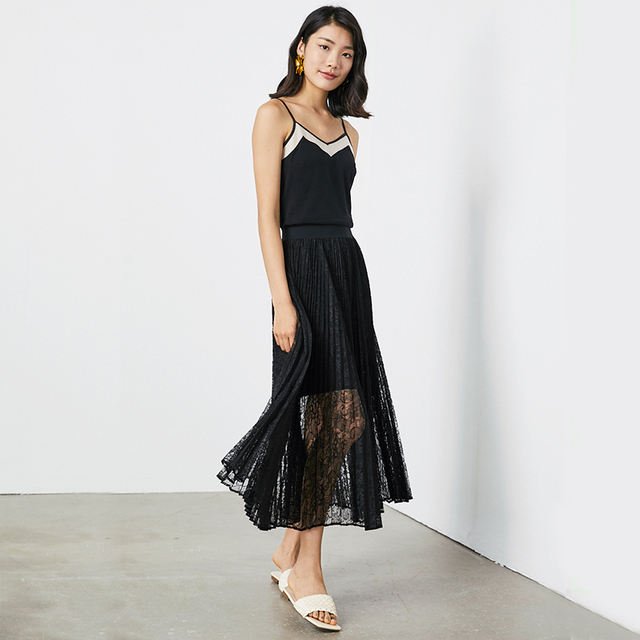 C163 Women Floral lace elasticated waist full circle sunburst pleated midi skirt