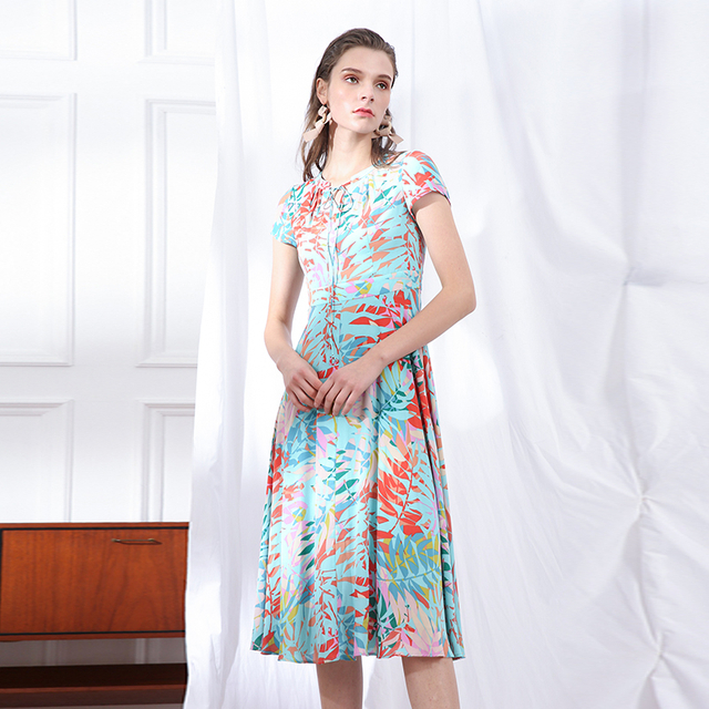 H628-1 Women Polyester print round neck cap sleeves flared midi dress