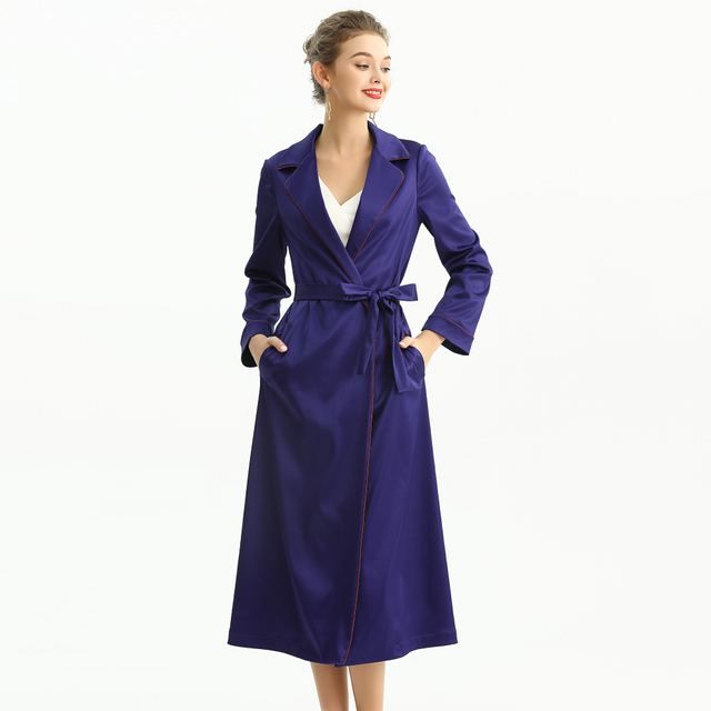 C096-1 Women Heavy satin long sleeves notched collar long wrap coat