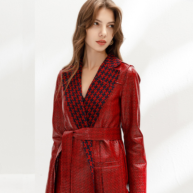 D158 Women Double-faced patent Pu hounds tooth tweed notched lapel belted single-breasted long coat
