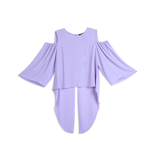 Y125 Women Solid cold shoulder long sleeves front short back long asymmetrical hem oversized shirt