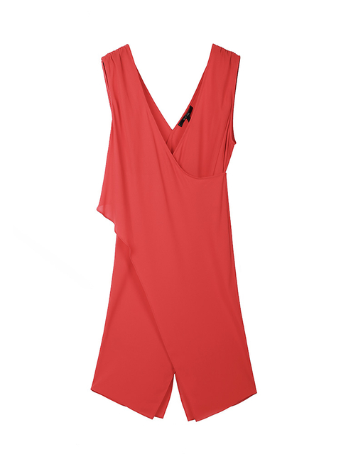 2A52 Women Solid V-neck crossover ruched shoulder asymmetric hem wrap top