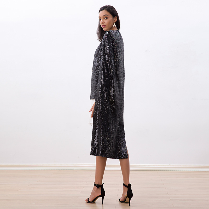 C250 Women all-over sequin embellished V-neck asymmetrical long cape jacket