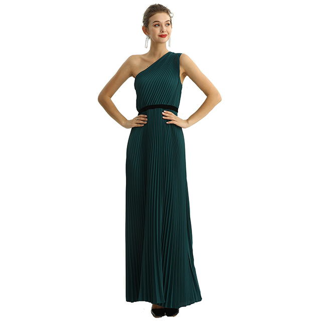 D201 Solid CDC Single Shoulder Sunburst Pleated Maxi Evening Dress