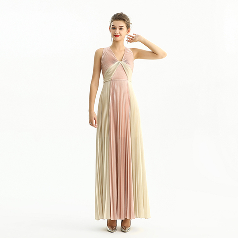 D209 Color Block Metallic Chiffon Pleated Maxi Evening Dress