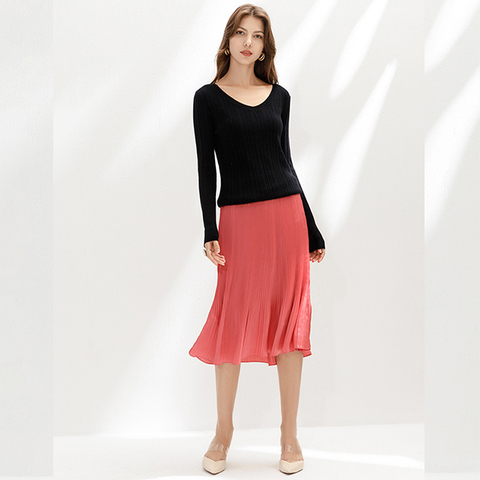 C128 Solid Satin Pleated Midi Skirt