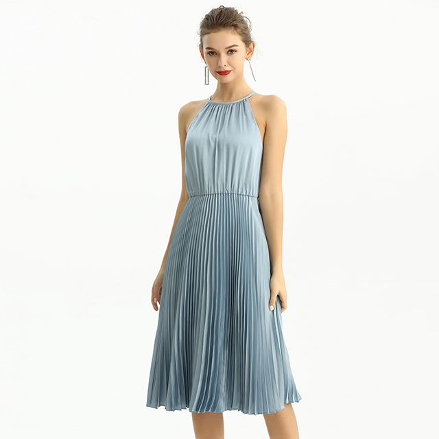 D208 Solid Satin Halter Neck Pleated Midi Evening Dress