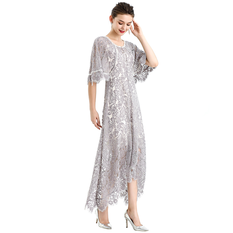 D078-1 Women floral lace cape sleeve flared asymmetric hem midi evening dress