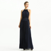 D199 Women Solid satin halter neck smocked-waist sunburst pleated maxi evening dress