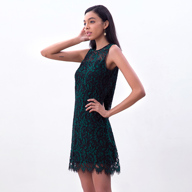 D097-4 Women floral leaf eyelash lace sleeveless fitted day and party mini dress