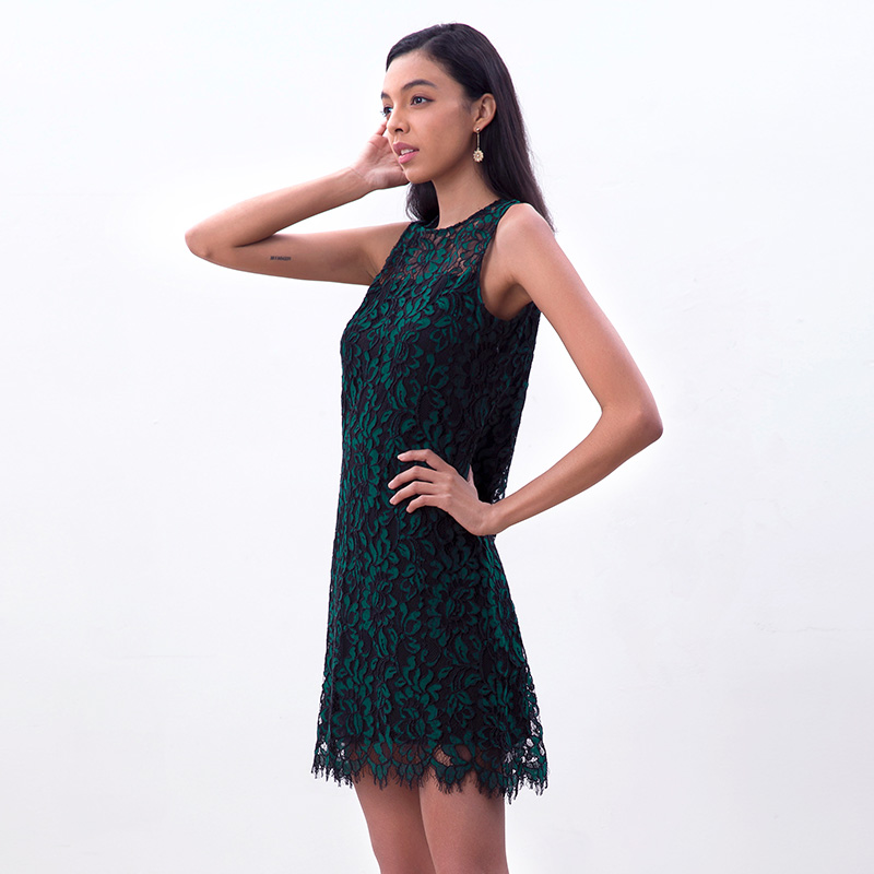 D097-4 Women floral leaf eyelash lace sleeveless fitted day and party mini dress