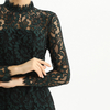 D088 Women Two-tone floral lace mock neck long sleeve slim fit midi party dress