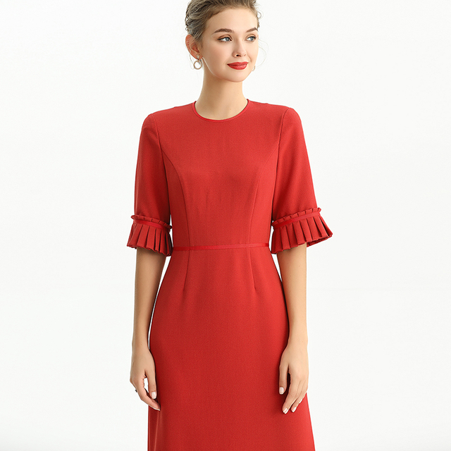 D095-1 Women Polyester crepe short sleeves ruffle detailed straight-cut midi dress