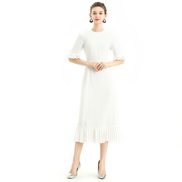 D095 Women Solid crepe short sleeves ruffle detailed straight cut midi dress