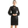 D162 Women Sequins and beads embellishment mock neck long puff sleeves fitted short evening dress