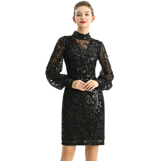 D162 Women Sequins and beads embellishment mock neck long puff sleeves fitted short evening dress