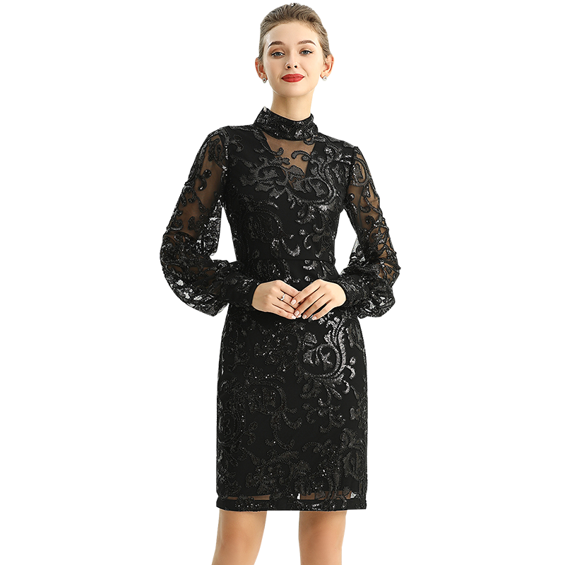 D162 Women Sequins and beads embellishment mock neck long puff sleeves fitted short evening dress