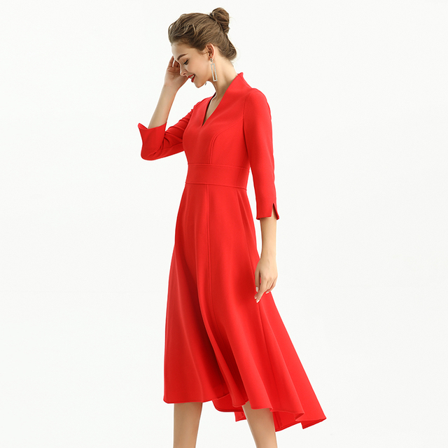 D186 Women Solid three-quarter sleeves A-line high low hem midi party dress 