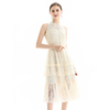 D091 Women Flower lace sleeveless ruffled detail tiered midi evening dress